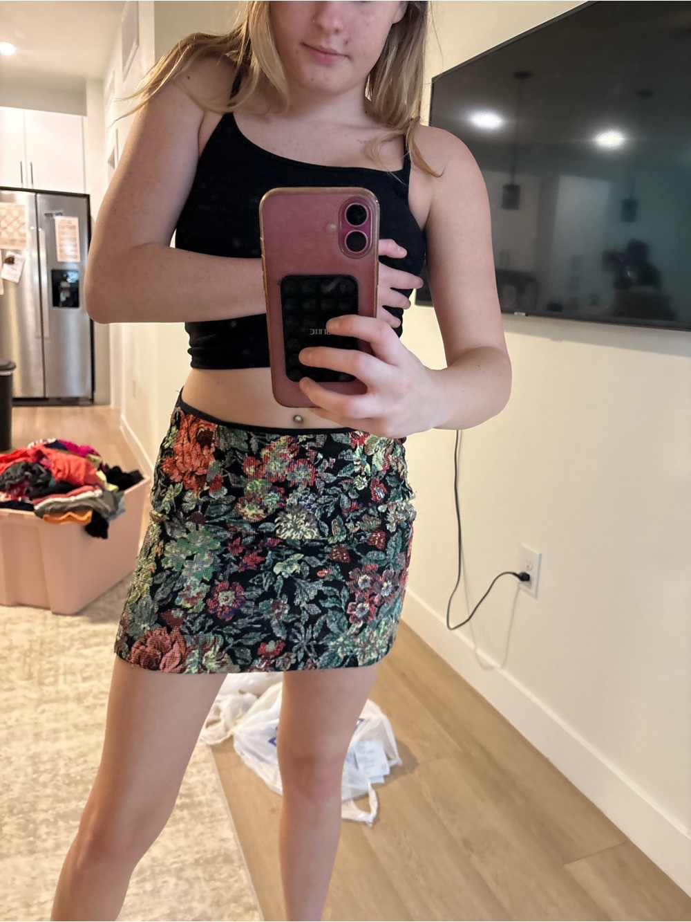 Lush Black Floral Jacquard Mini Skirt with Green and Coral Blooms